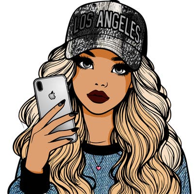 realistic beautiful girl wearing los ángeles cap holding an iphone