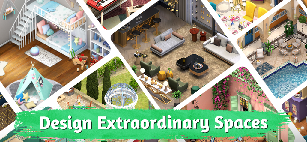 Roomflip: Design TV Show Game - Collage of various decorated rooms and interior design styles in Roomflip