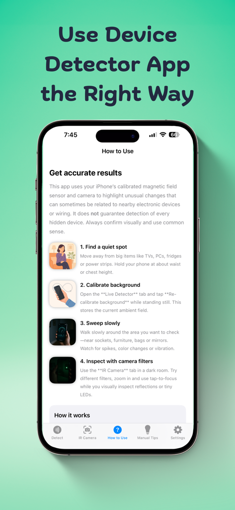 Step-by-step instructions on how to use the Electronic Device Detector app for detecting hidden cameras and electronic devices.
