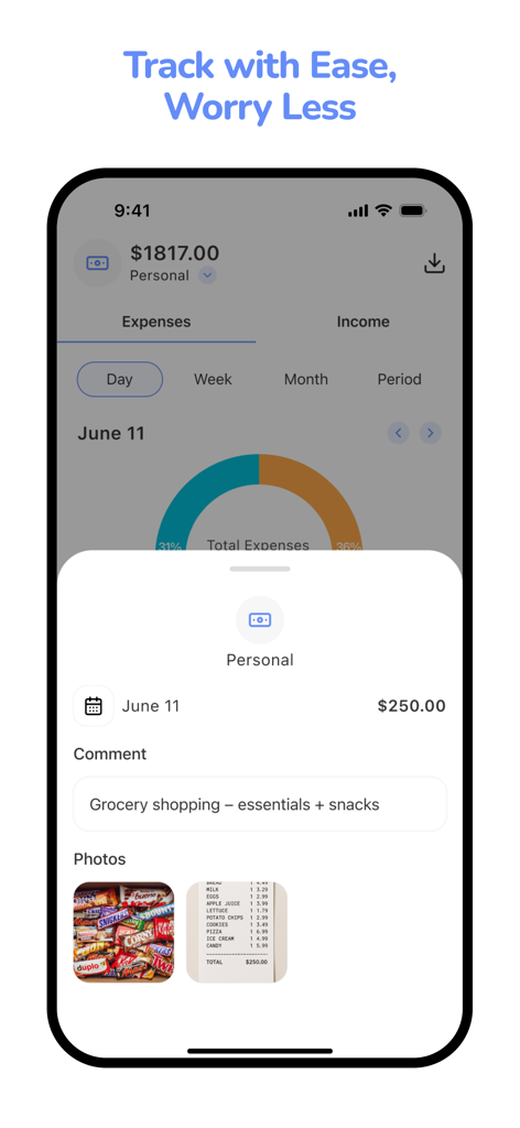 Finance Tracker: Budget Tool - Mobile app screen showing a personal expense entry for grocery shopping with attached photos of snacks and a receipt.
