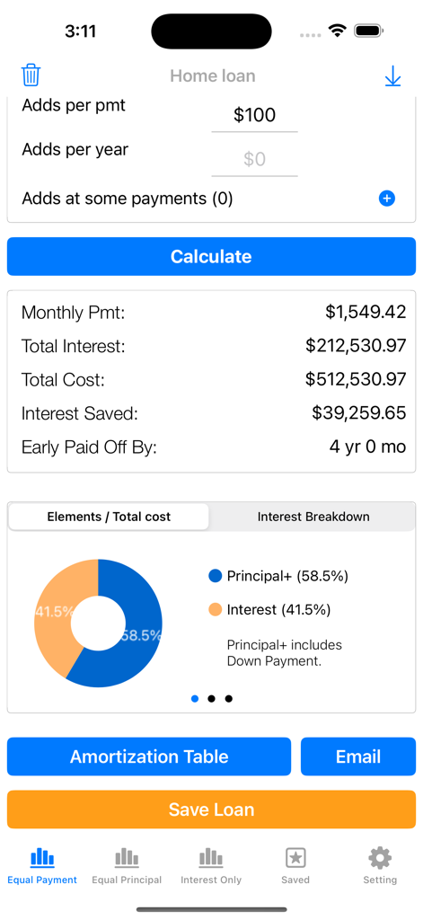 Loan Calculator - Home Payment - Tela do aplicativo calculadora de empréstimo exibindo pagamentos mensais de financiamento, juros economizados e um gráfico de desglose de custos de principal vs juros.