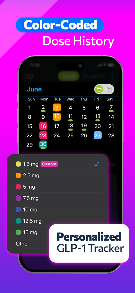 GLP 1 Tracker • Pokii - Color-coded calendar in the Pokii app showing GLP-1 medication dose history and injection tracking.