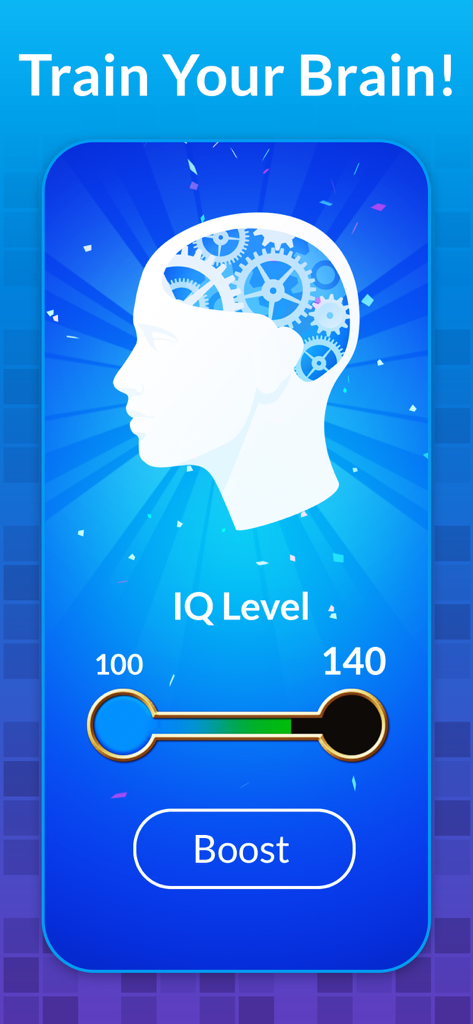Werbebildschirm der Sudoku-App mit Gehirntraining, einer Silhouette eines Kopfes und einem IQ-Pegel-Schieberegler
