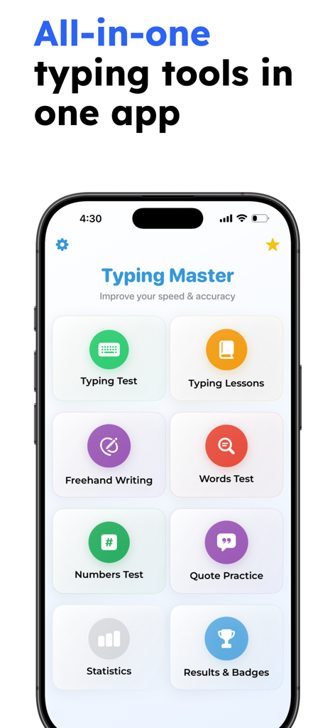 Speed Typing Test – WPM Check - Main menu of the Speed Typing Test app featuring different practice modes including typing lessons word tests and progress statistics