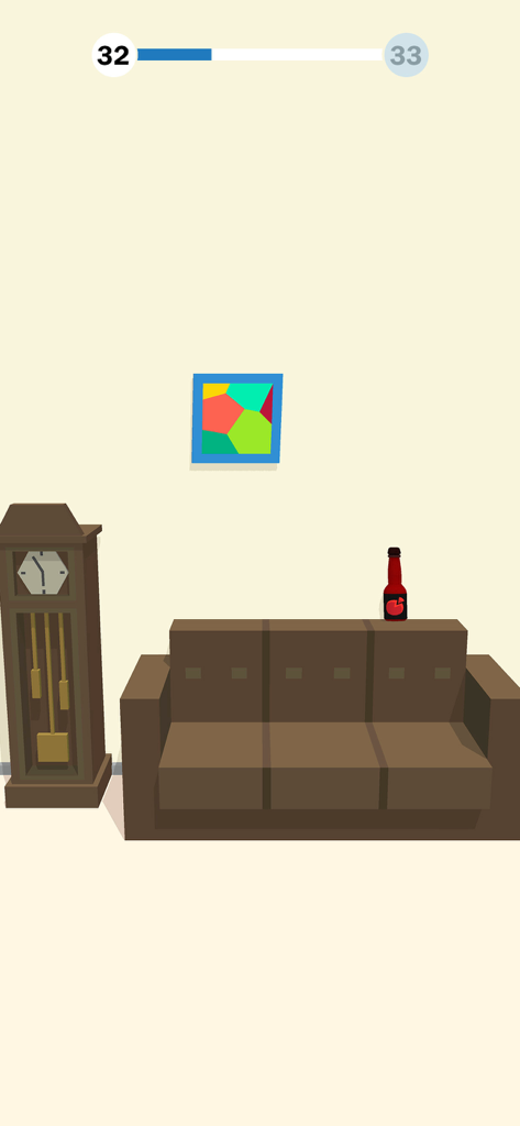 Red bottle standing on a brown sofa next to a grandfather clock in the Bottle Flip 3D game
