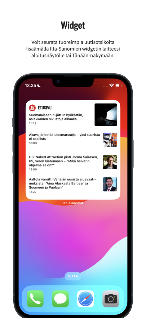 Widget de la aplicación de noticias Ilta-Sanomat en un iPhone mostrando los últimos titulares en finlandés
