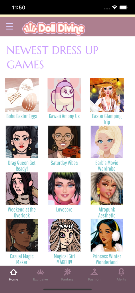 Doll Divine - Doll Divineアプリのホーム画面のスクリーンショット。様々なキャラクタークリエイターと着せ替えゲームのグリッドが表示されています。