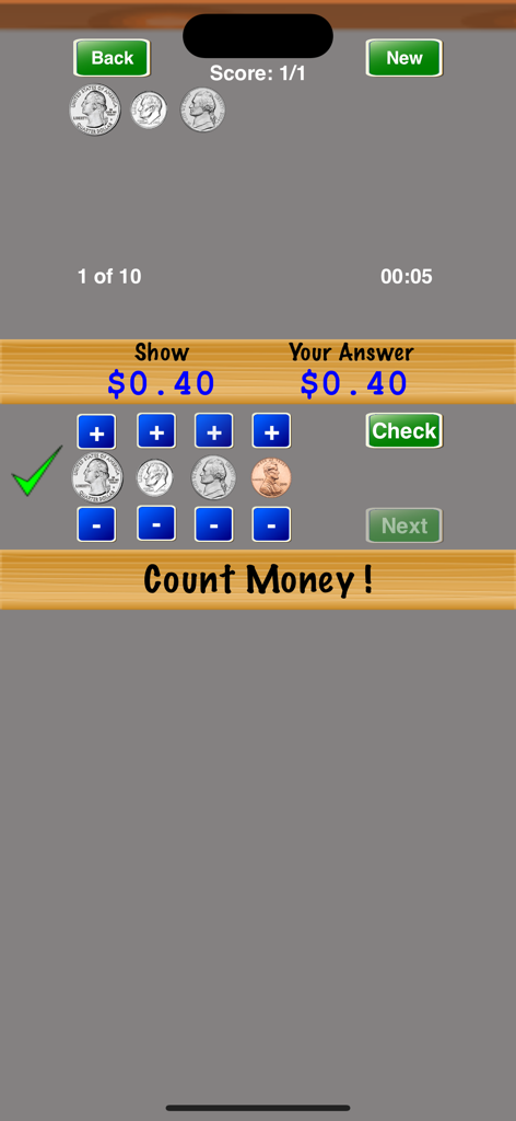 Count Money ! - Ein Screenshot der Geldzähl-App, der eine abgeschlossene Matheaufgabe mit US-Münzen im Wert von vierzig Cent zeigt.
