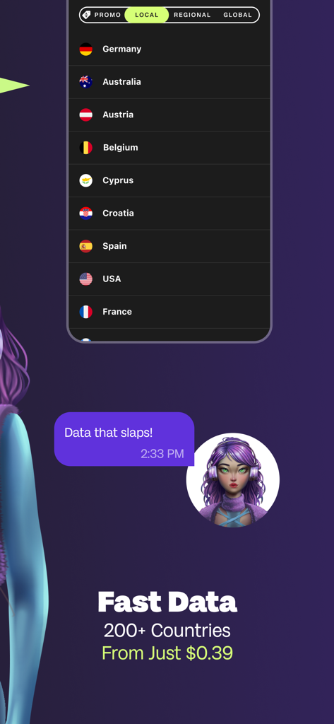 Global YO: eSIM+ & Travel Data - Aplicación móvil Global YO mostrando tarifas de datos eSIM locales para más de 200 países a partir de 0.39 dólares