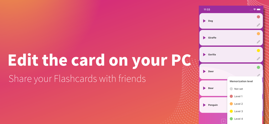 Flashcards maker app interface showing a list of animal cards and a popup for setting memorization levels.