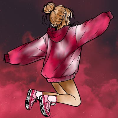 realistic girl jumping with a bun and oversized sweatshirt