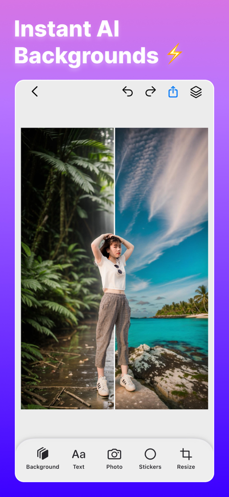 PhotoBox - AI Photo Editor - A split screen showing a person with an original jungle background versus an AI generated beach background