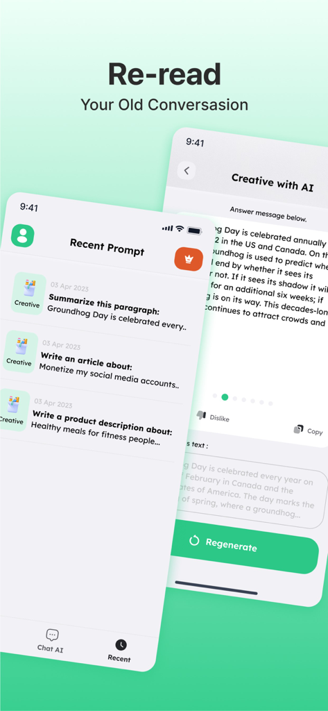 Interfaz de la aplicación móvil mostrando las indicaciones recientes y conversaciones anteriores de IA.