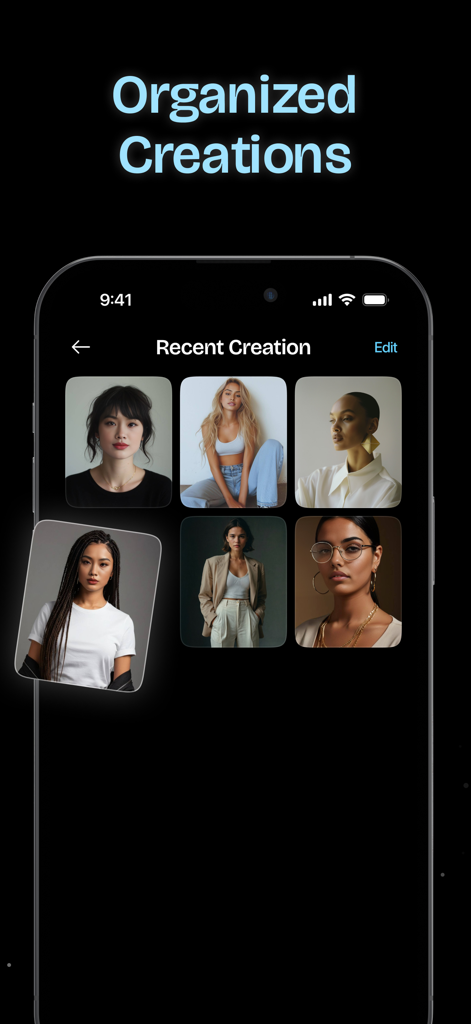 A gallery view showing recently created AI face swap portraits organized in a grid on the FaceSwapper mobile app.