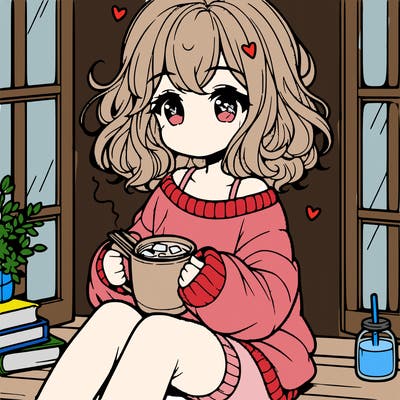cute anime girl reading book and drinking hot chocolate from mug with loose wavy hair wearing a baggy sweatshirt and shorts sitting by windowsill looking out