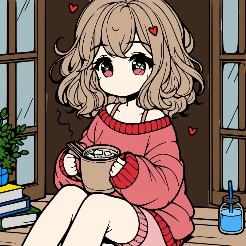cute anime girl reading book and drinking hot chocolate from mug with loose wavy hair wearing a baggy sweatshirt and shorts sitting by windowsill looking out