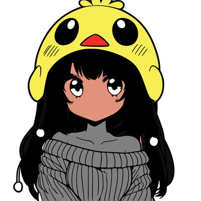 anime girl with chick shaped hat with sweater with bare shoulders with bangs covering them one eye with low tail
