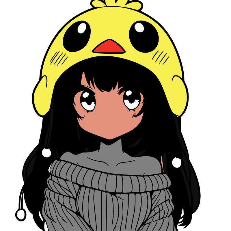 anime girl with chick shaped hat with sweater with bare shoulders with bangs covering them one eye with low tail