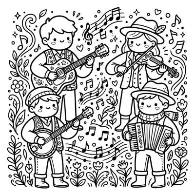 Dive into a world of adorable melodies with this enchanting coloring page featuring Kawaii folk musicians. Discover four charming characters playing their instruments amidst a whimsical backdrop of musical notes and natural elements.