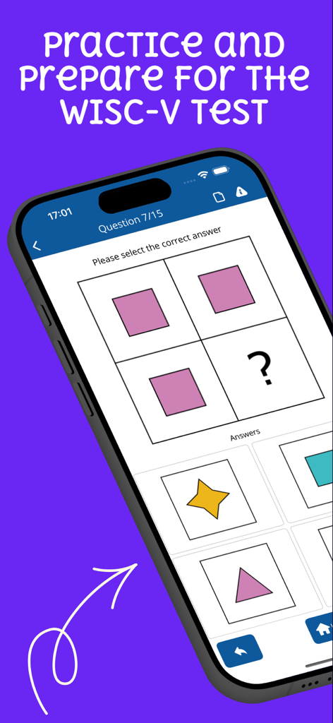 Smartphone displaying a pattern recognition practice question for the WISC-V intelligence test.