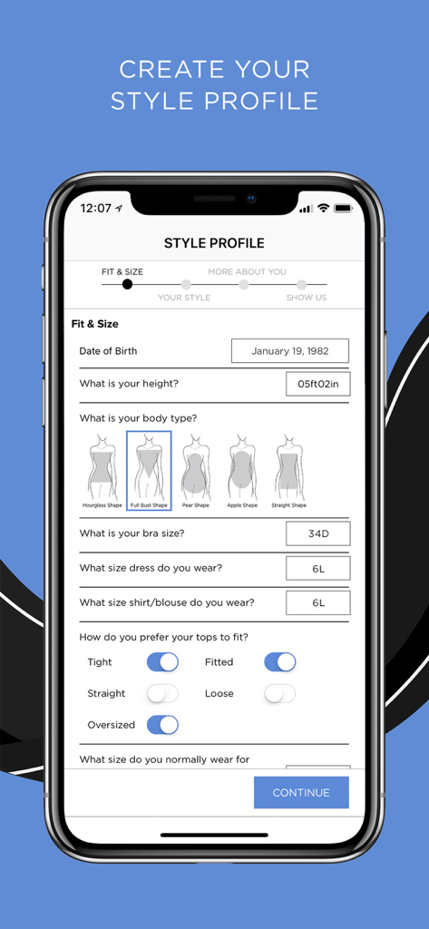 DAILYLOOK - DAILYLOOK app style profile creation screen showing fit and size options for personalized styling