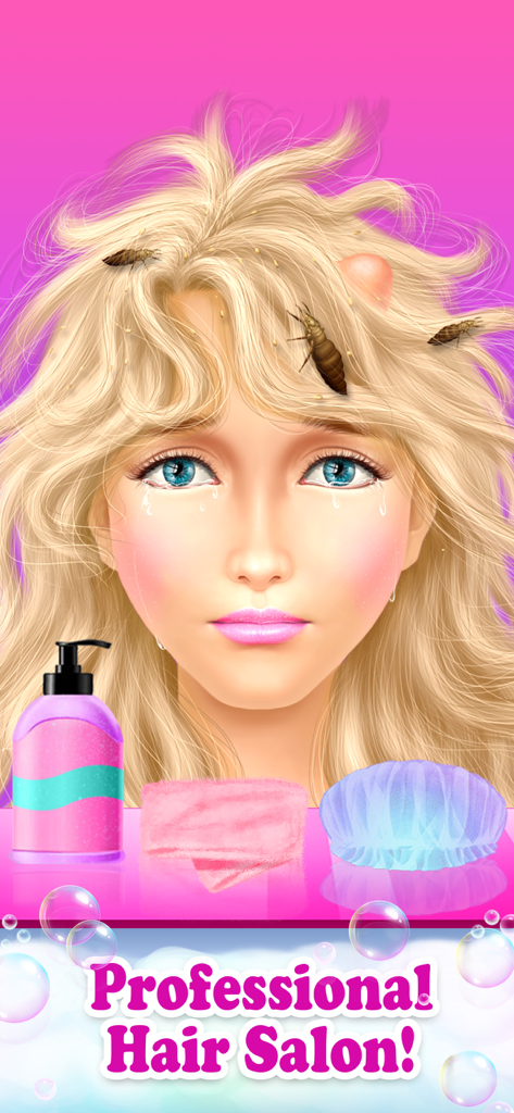 Princess HAIR Salon: Spa Games - A sad princess with messy hair and bugs needing a makeover in a hair salon game