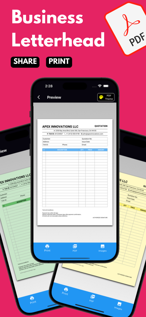 Invoice Maker App & Billing - iPhone mostrando una vista previa de presupuesto comercial profesional con opciones para compartir e imprimir en PDF.