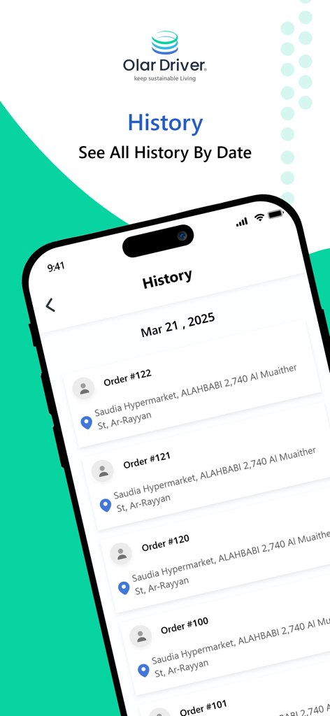 Olar Driver - Pantalla de la aplicación móvil Olar Driver que muestra una lista de pedidos de recolección de reciclables completados con fechas y ubicaciones.