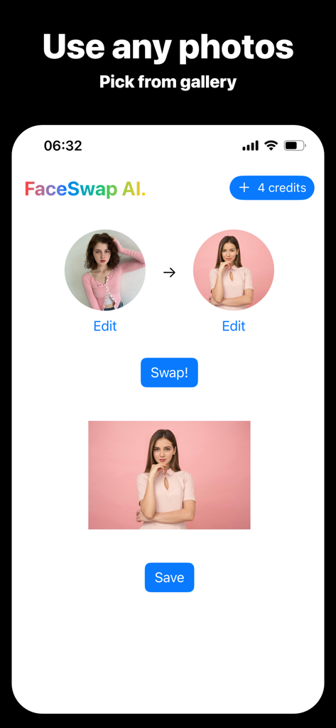 FaceSwap AI - Change Faces - Interface of FaceSwap AI app showing the process of picking photos from the gallery to perform a face swap with a preview of the result.