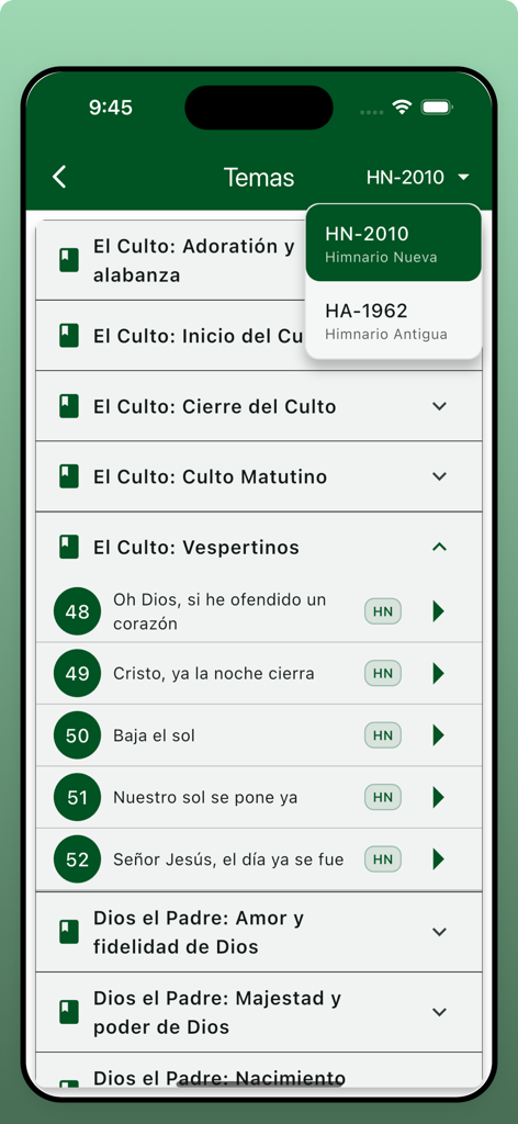Himnario Adventista 7mo Día - Himnario Adventista app themes screen showing 1962 and 2010 hymn book selection and categories list