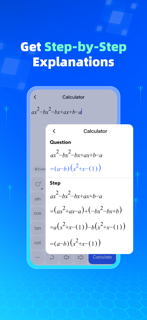 Question.AI app interface showing a math problem with a detailed step by step solution for factoring an algebraic expression