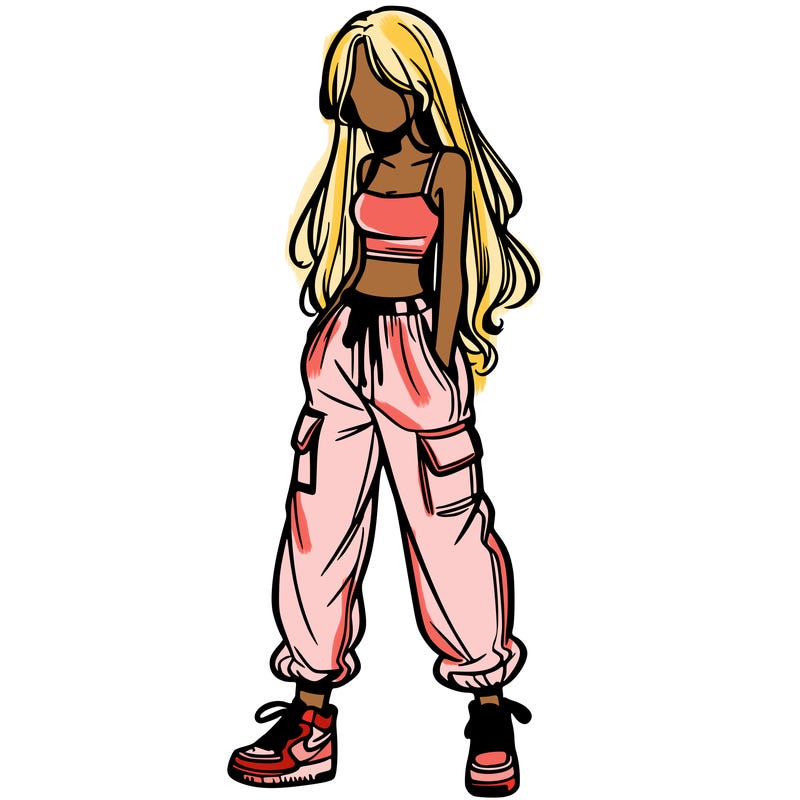 girl in baggy pants crop top and long hair