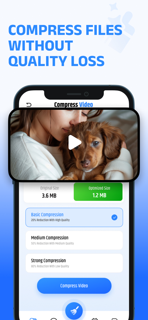 Interface of the AI Phone Storage Cleaner app showing video compression options and file size reduction from 3.6MB to 1.2MB.