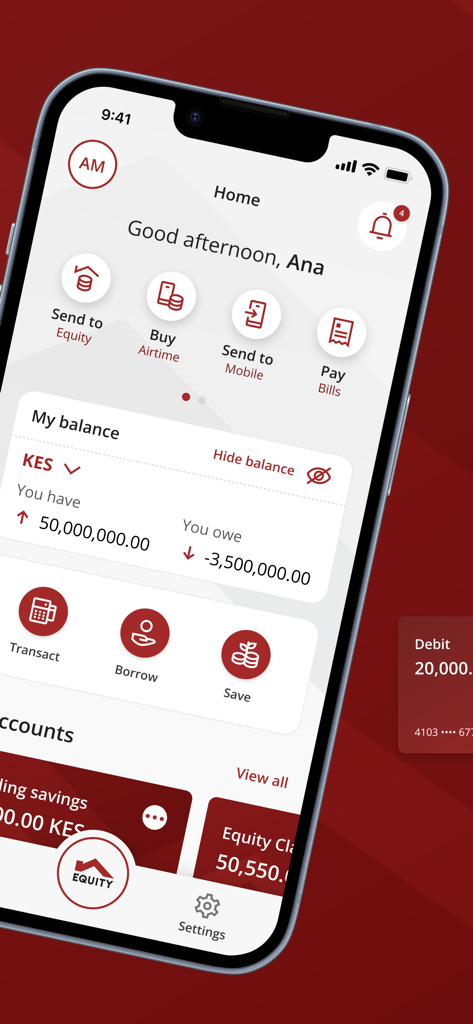 Equity Mobile app dashboard showing the home screen with account balances in KES and quick transaction options like send money and pay bills.