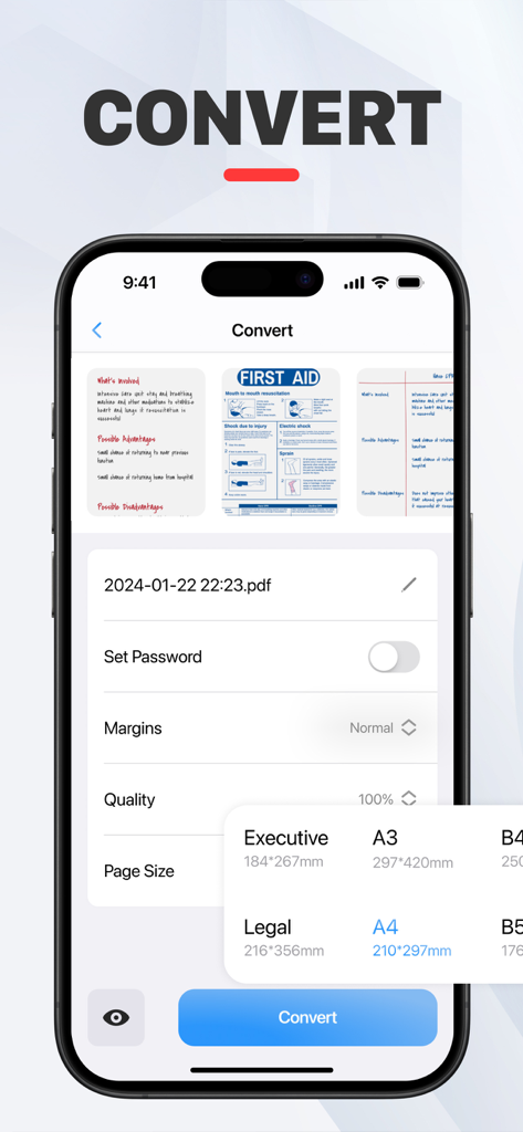 PDF Converter Image to PDF - Interface do aplicativo Conversor de PDF mostrando a seleção de imagens e configurações do documento, como tamanho da página e proteção por senha.