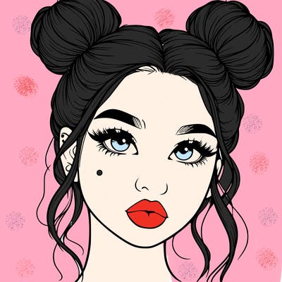 realistic girl with two buns on her hair and lips
