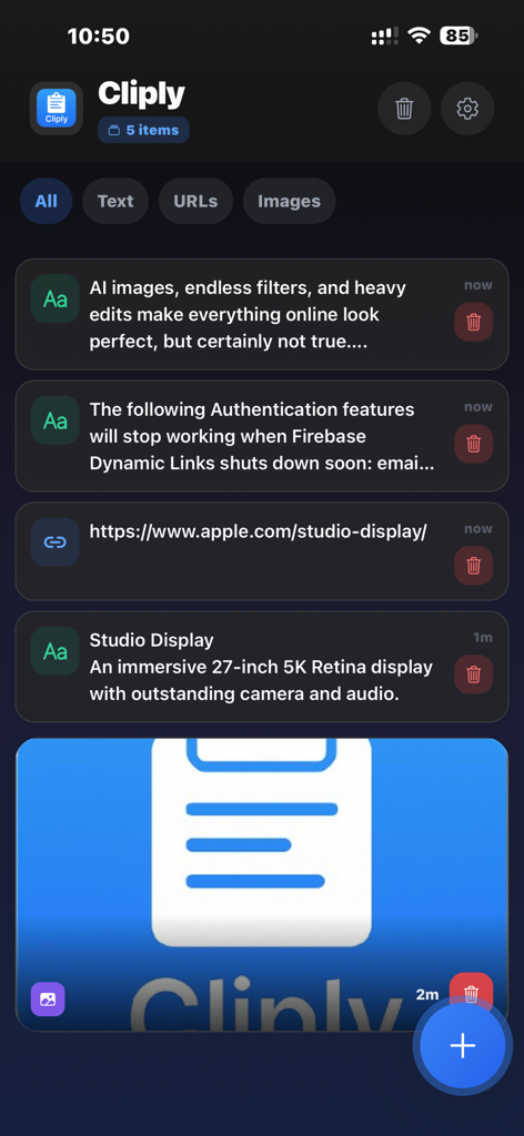 Cliply - Clipboard Manager - Interface of the Cliply clipboard manager showing a list of saved text snippets, links, and images in dark mode.