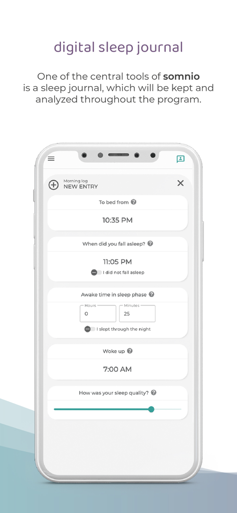 somnio - sleep coach - Somnioアプリのデジタル睡眠日記を表示する携帯電話。ユーザーは睡眠時間と質を入力します。