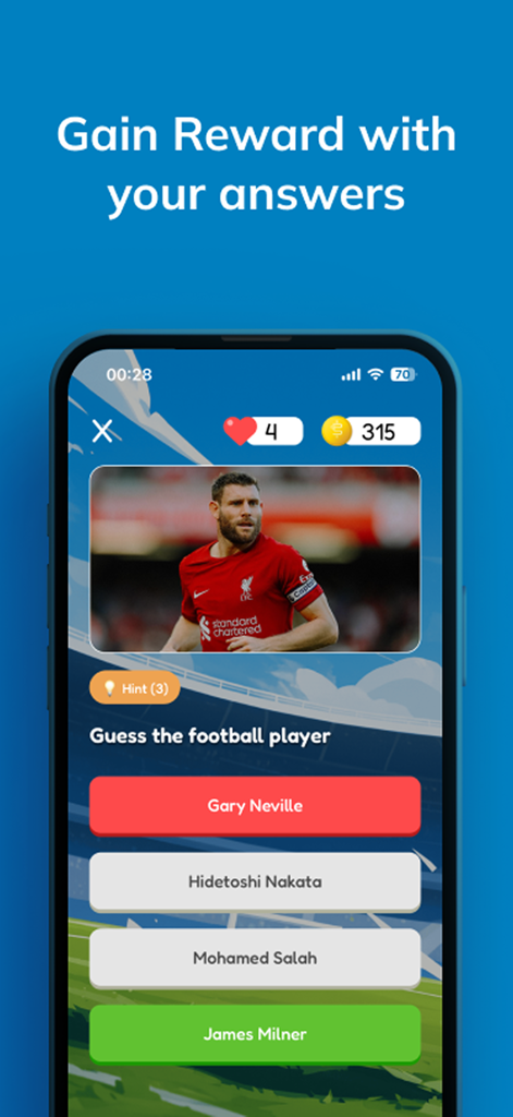 Football Quiz - Tiki Taka - Gameplay screen of Football Quiz Tiki Taka showing a player identification trivia question with multiple choice options.