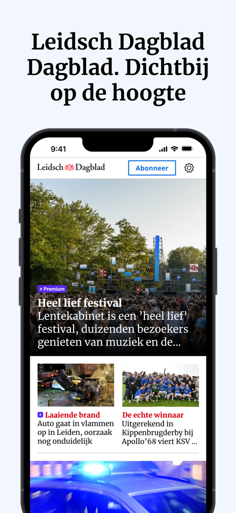 Leidsch Dagblad - Home screen of the Leidsch Dagblad news app showing local Leiden headlines and stories in Dutch