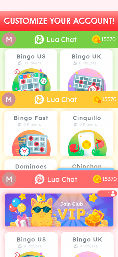 Lua Chat: Bingo, Ludo & Cards - Lua Chat app screen displaying game options for Bingo and Dominoes with a VIP club banner.