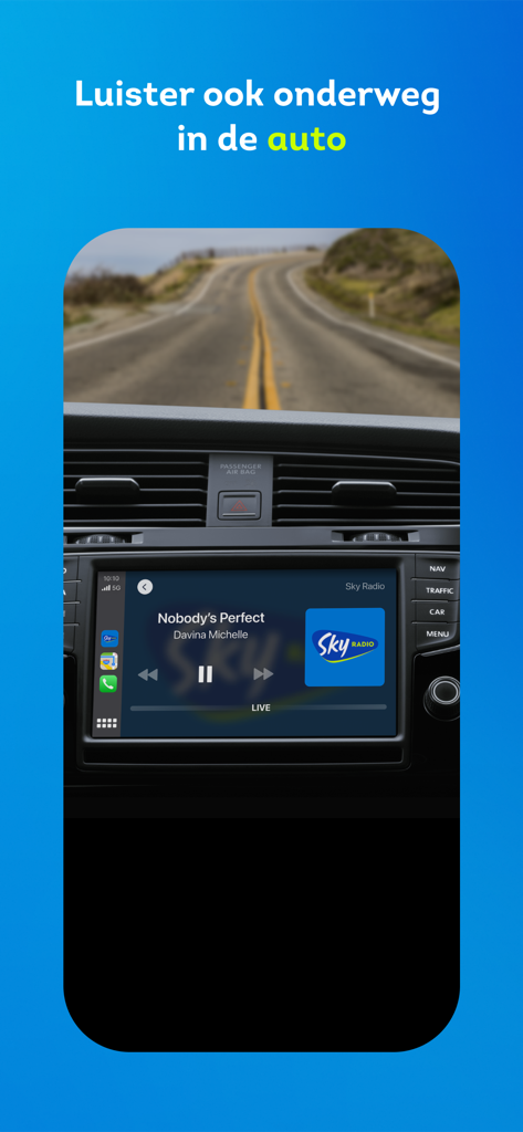 Sky Radio app interface displayed on a car dashboard through Apple CarPlay while driving