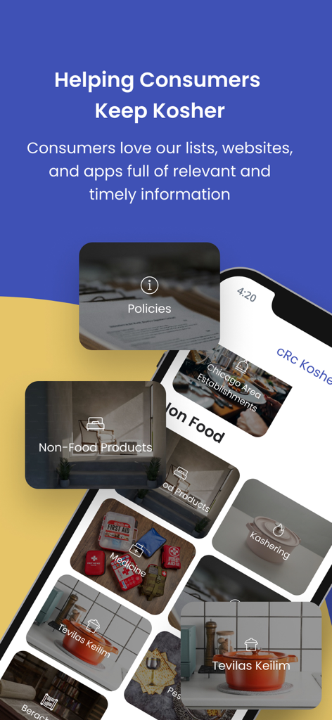 cRc Kosher - A collage showing features of the cRc Kosher app including food lists medicine guides and local restaurant information