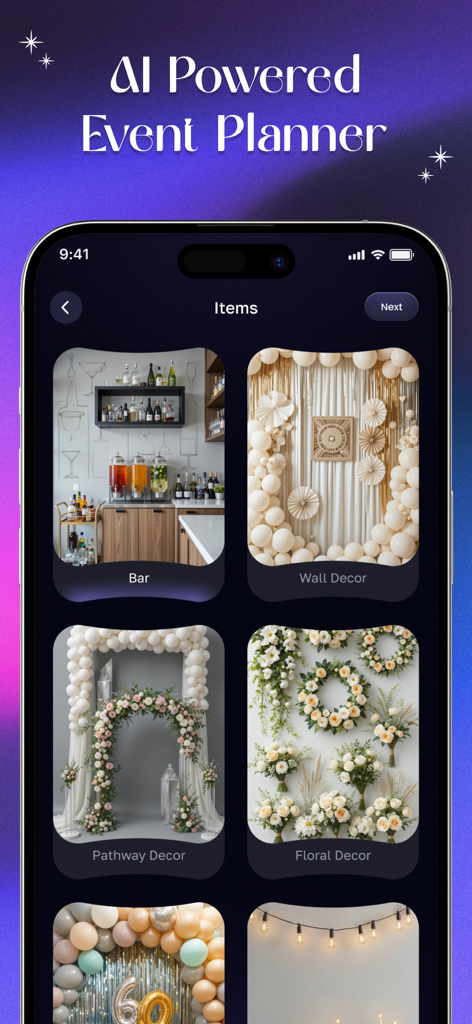 AI Event Designer: Venue Decor - AI Event Designer mobile app interface showing a selection of event decor items including bar wall decor pathway decor and floral arrangements