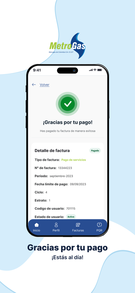 MetroApp - Écran de confirmation de paiement MetroApp montrant le paiement réussi de la facture de gaz avec une coche verte