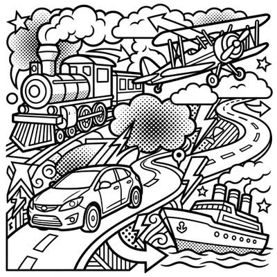 Get ready for an exciting journey across land, air, and sea with this incredible Pop Art vehicle coloring page. Featuring bold lines and dynamic elements, it's a fantastic way to unleash your creativity on classic transportation.