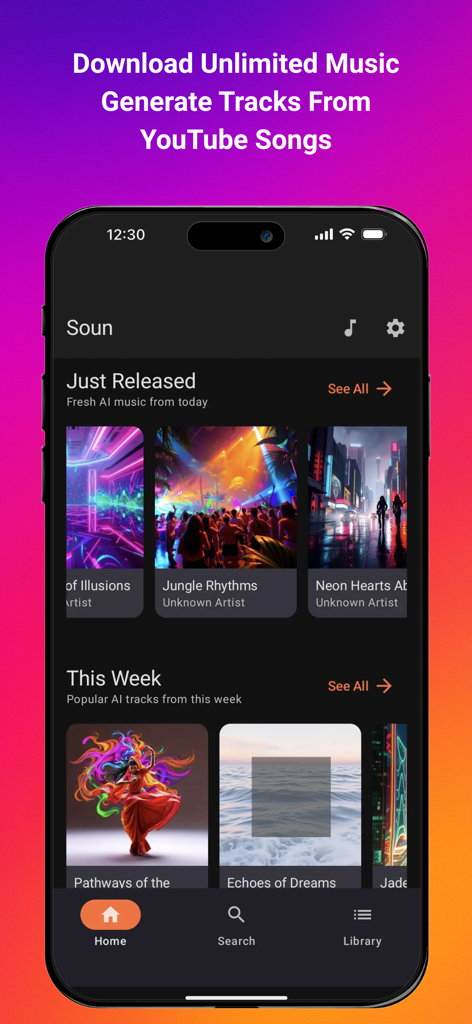 AI Music & Songs Maker - Soun app home screen showing AI generated music tracks with vibrant artwork and categories like Just Released and This Week