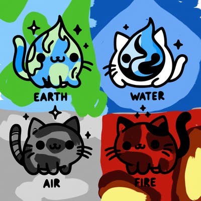 4 cats that represent the different elements, earth, water, air, and fire