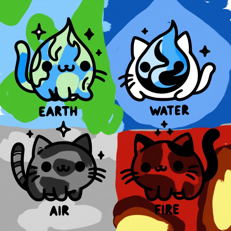 4 cats that represent the different elements, earth, water, air, and fire