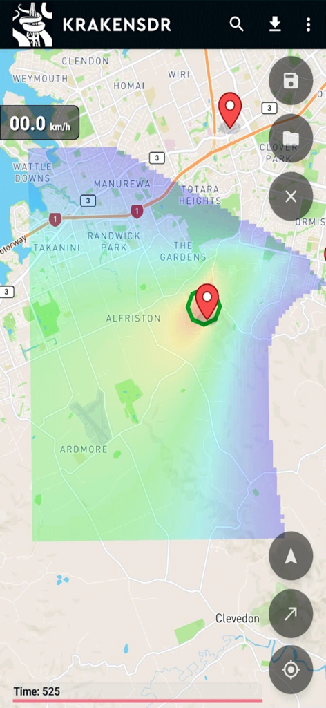 KrakenSDR RDF - KrakenSDR RDF app map interface showing a signal strength heatmap and triangulated source location with red markers